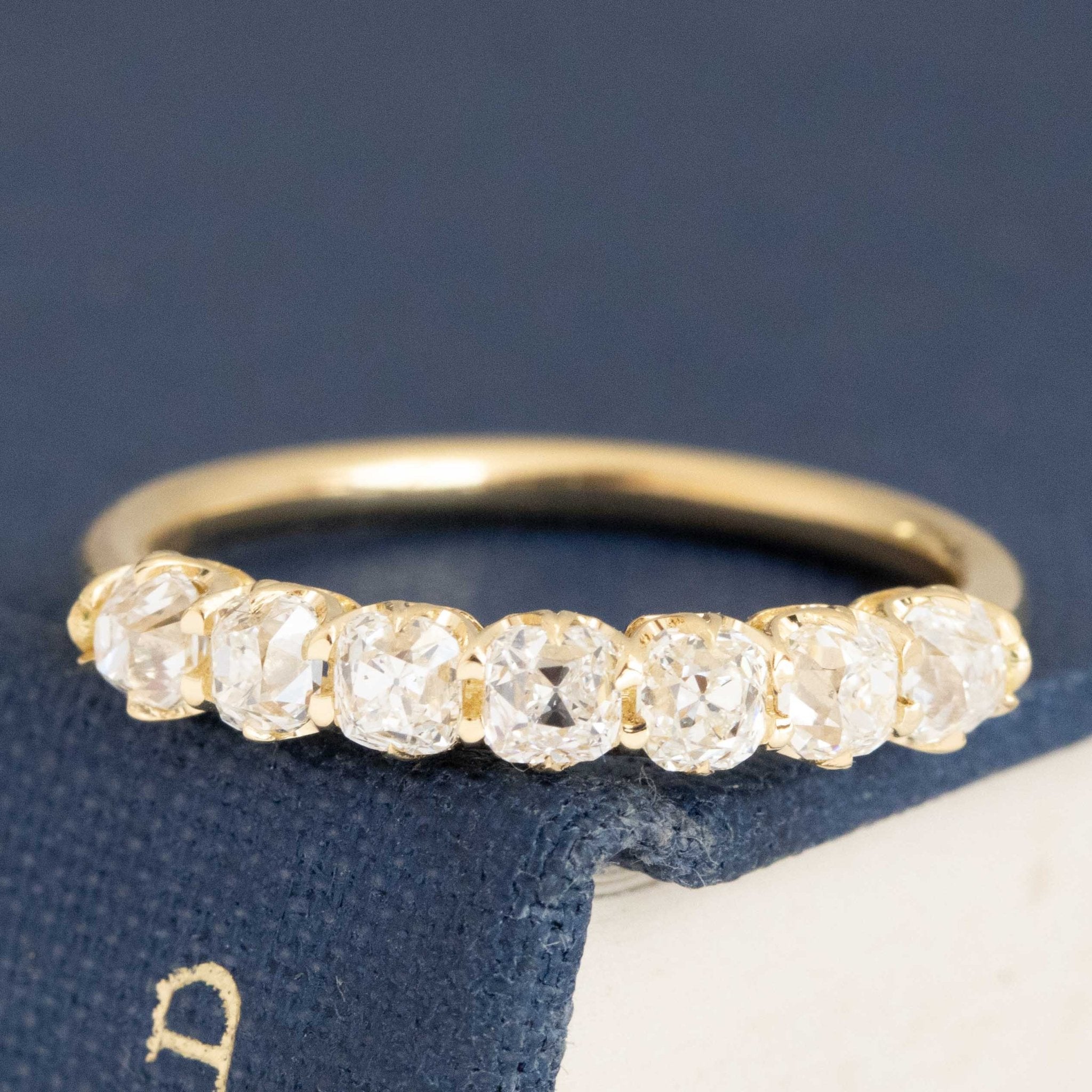 1.05ctw Old Mine Cut Diamond Half-Hoop Band with Old Mine Cut Diamonds in yellow gold, antique-inspired one-of-a-kind wedding band