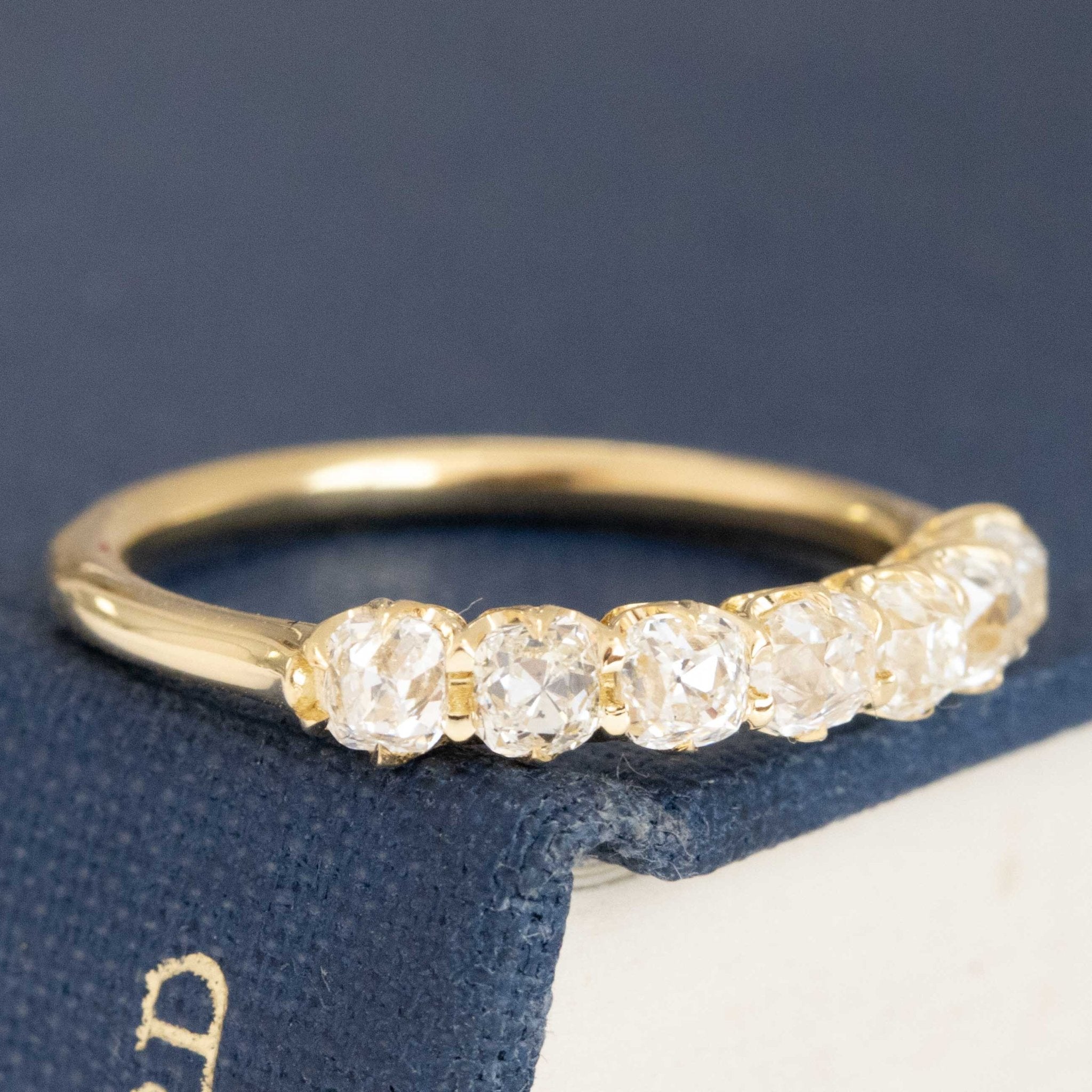 Historic style 1.05ctw Old Mine Cut Diamond Half-Hoop Band wedding band with Old Mine Cut Diamonds, unique heirloom in yellow gold