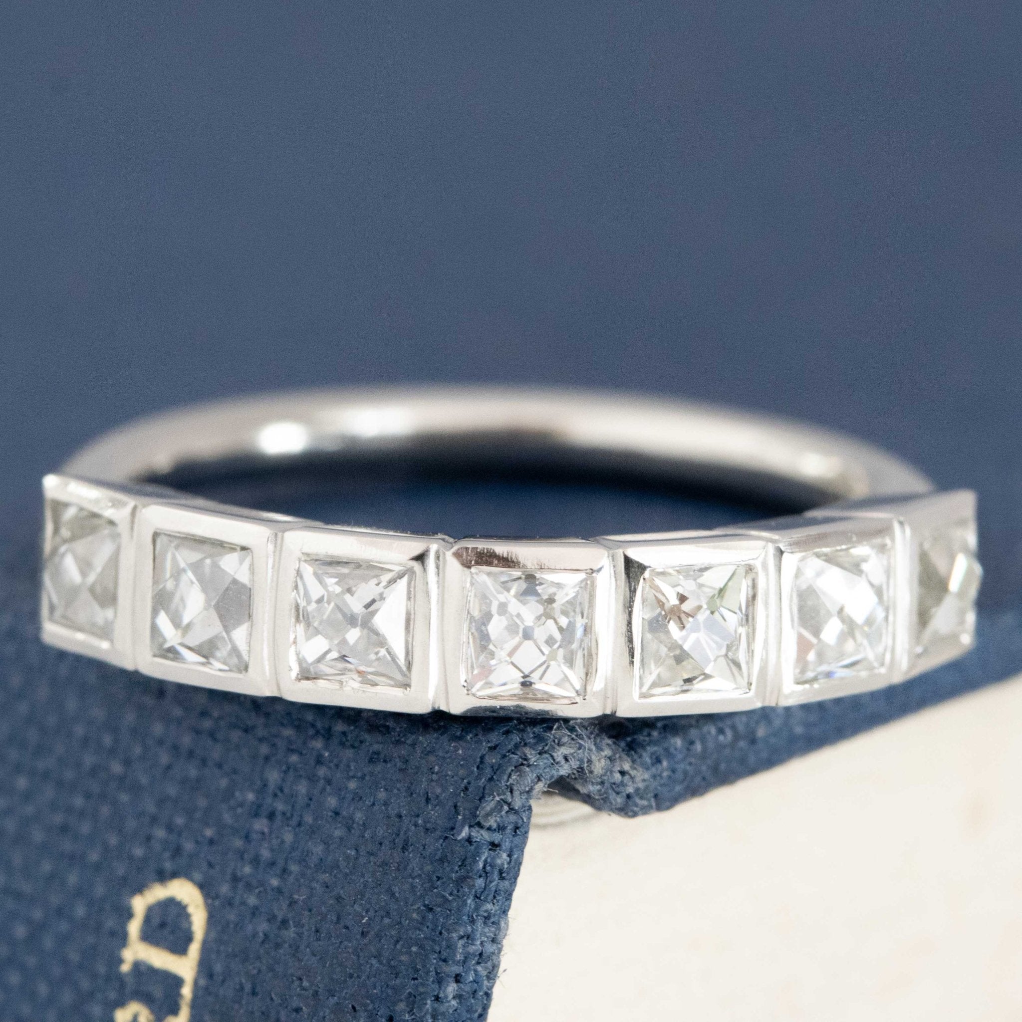1.06ctw French Cut Diamond 7-Stone Bezel Band with French Cut Diamonds in platinum, antique-inspired one-of-a-kind wedding band