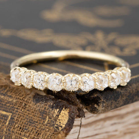 1.06ctw Old Mine Cut Diamond Half-Hoop Band with Old Mine Cut Diamonds in yellow gold, antique-inspired one-of-a-kind wedding band