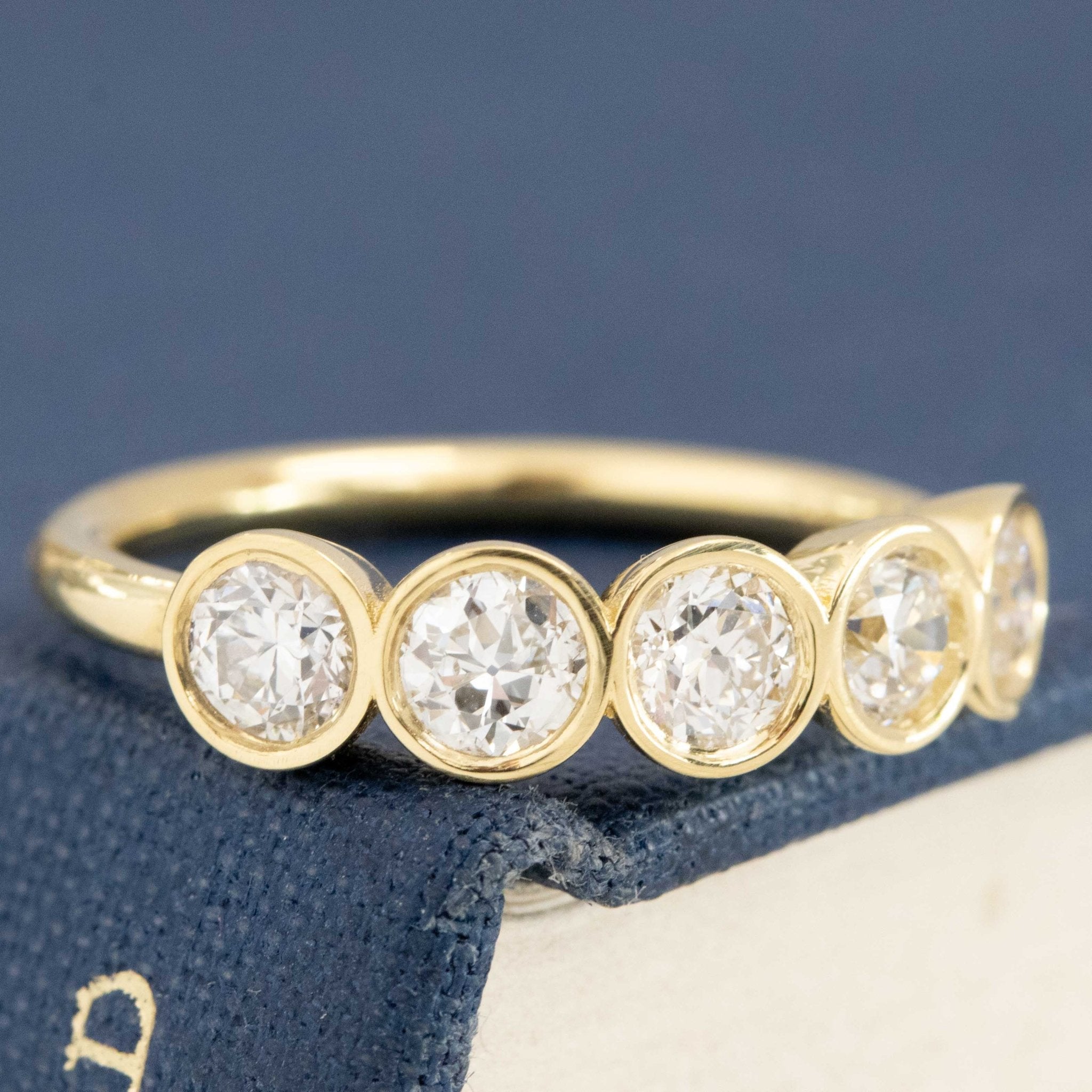 Historic style 1.07ctw Old European Cut Diamond 5-Stone Bezel Band wedding band with Old European Cut Diamonds, unique heirloom in yellow gold