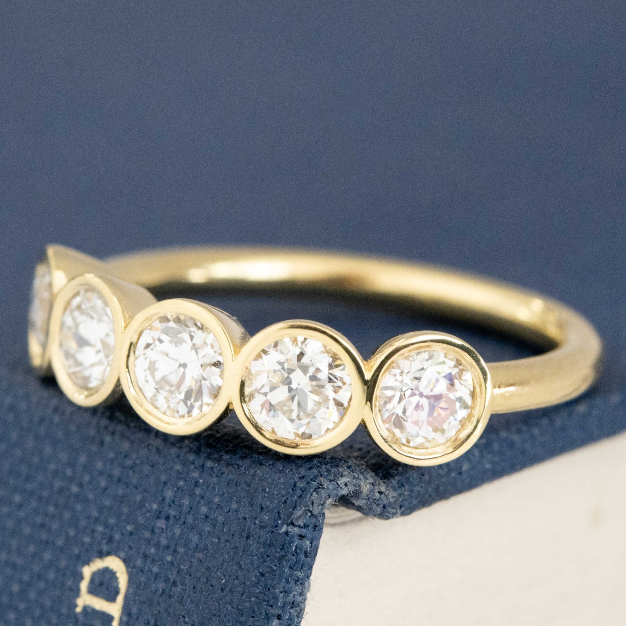 Antique lovers’ 1.07ctw Old European Cut Diamond 5-Stone Bezel Band in yellow gold, featuring rare Earth-mined Old European Cut Diamonds