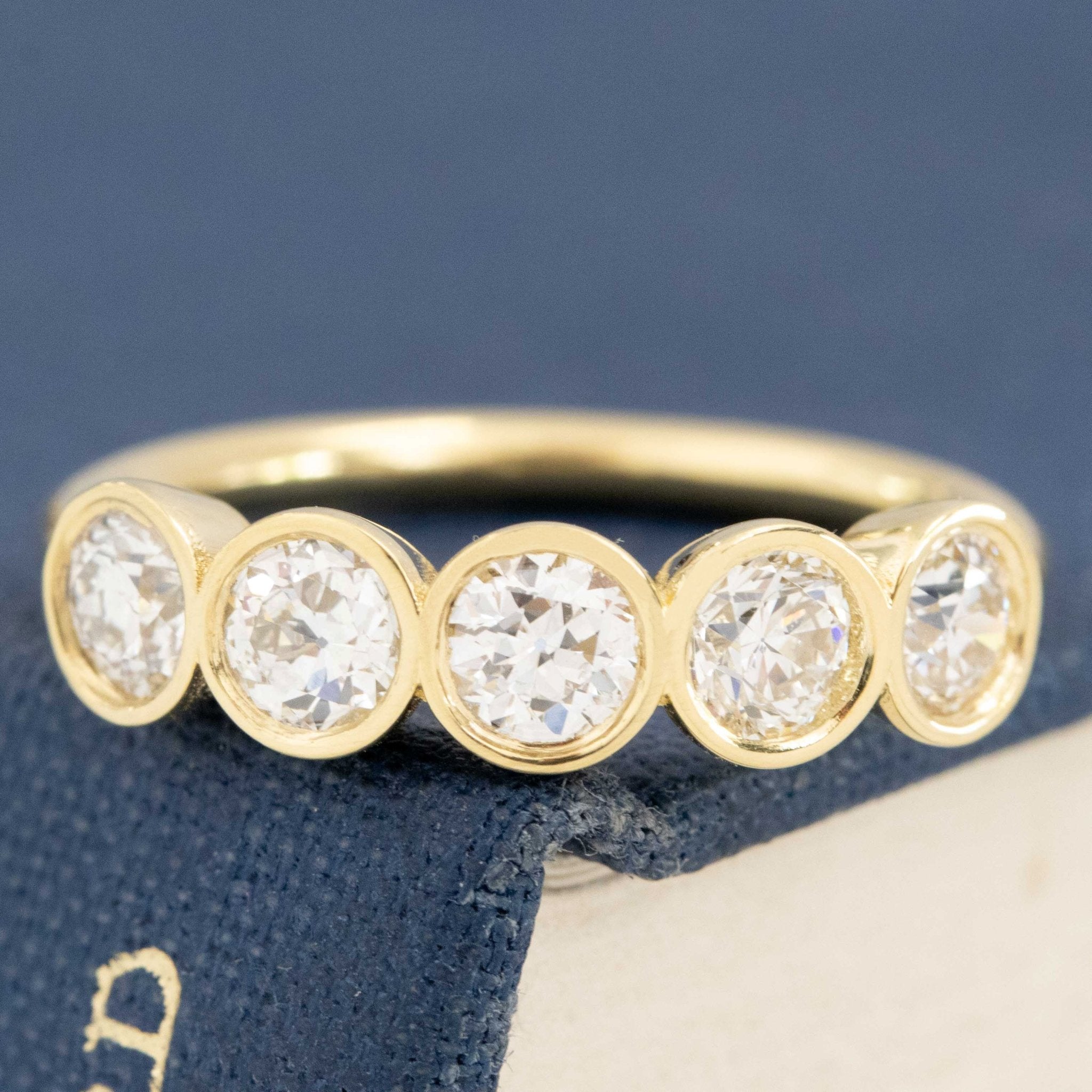 1.07ctw Old European Cut Diamond 5-Stone Bezel Band with Old European Cut Diamonds in yellow gold, antique-inspired one-of-a-kind wedding band