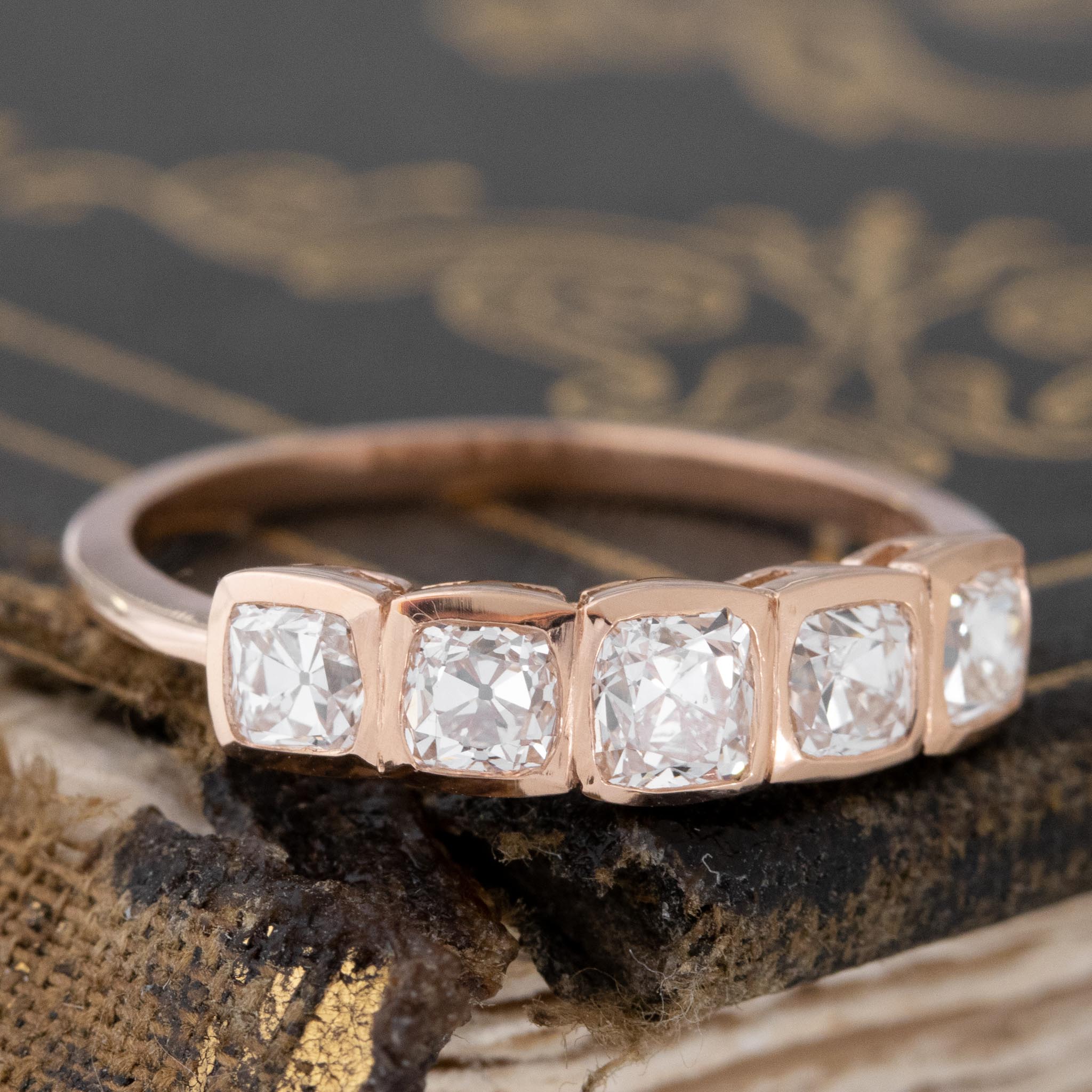 Antique lovers’ 1.07ctw Old Mine Cut Diamond 5-Stone Bezel Band in rose gold, featuring rare Earth-mined Old Mine Cut Diamonds