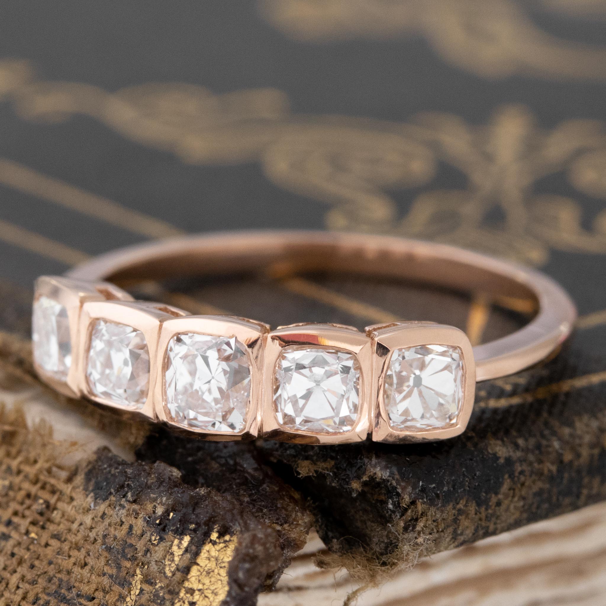 Historic style 1.07ctw Old Mine Cut Diamond 5-Stone Bezel Band wedding band with Old Mine Cut Diamonds, unique heirloom in rose gold