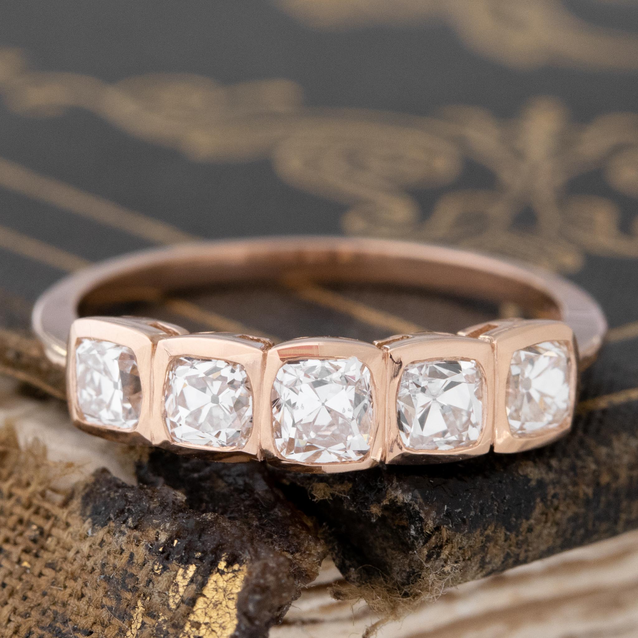 1.07ctw Old Mine Cut Diamond 5-Stone Bezel Band with Old Mine Cut Diamonds in rose gold, antique-inspired one-of-a-kind wedding band