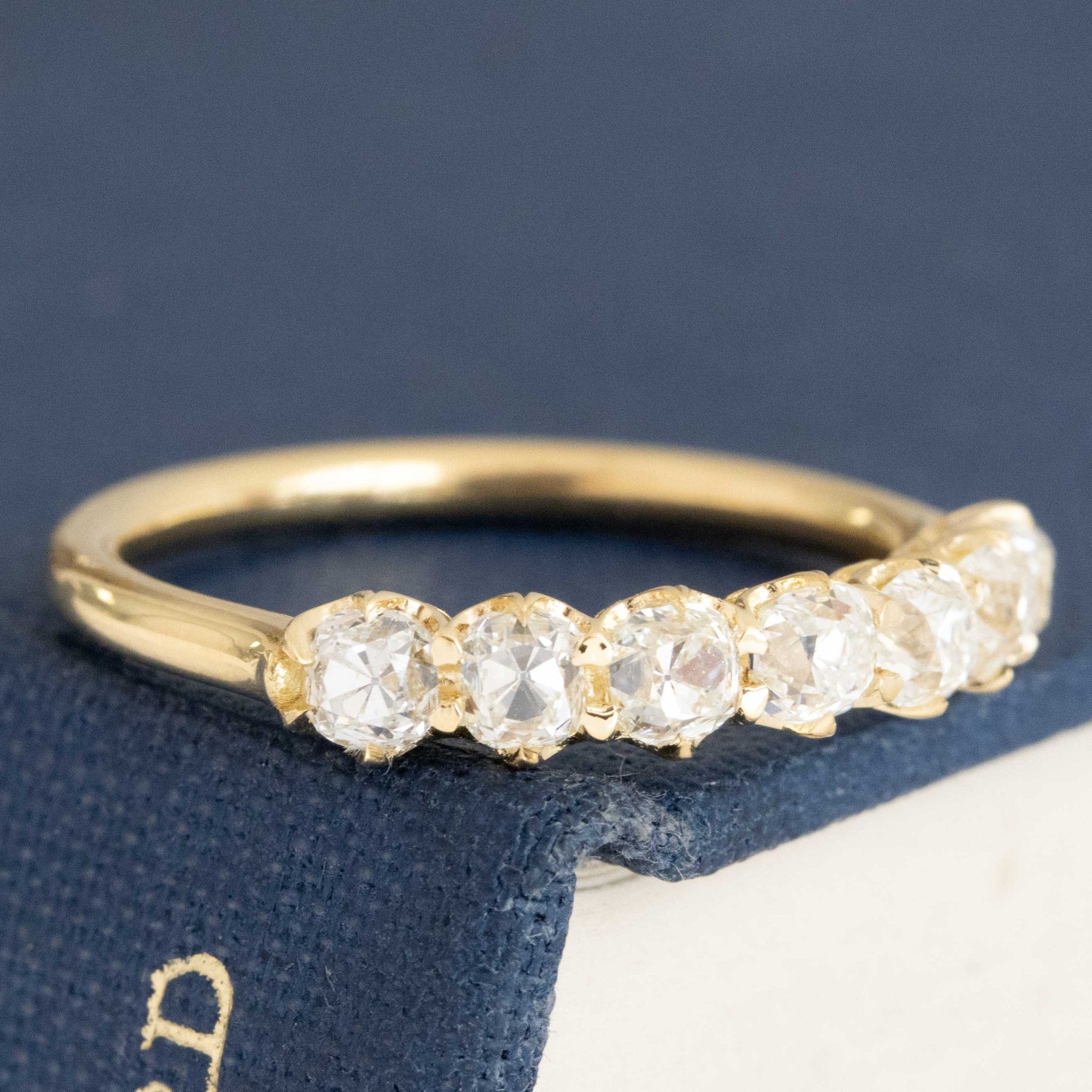 Historic style 1.07ctw Old Mine Cut Diamond Half-Hoop Band wedding band with Old Mine Cut Diamonds, unique heirloom in yellow gold