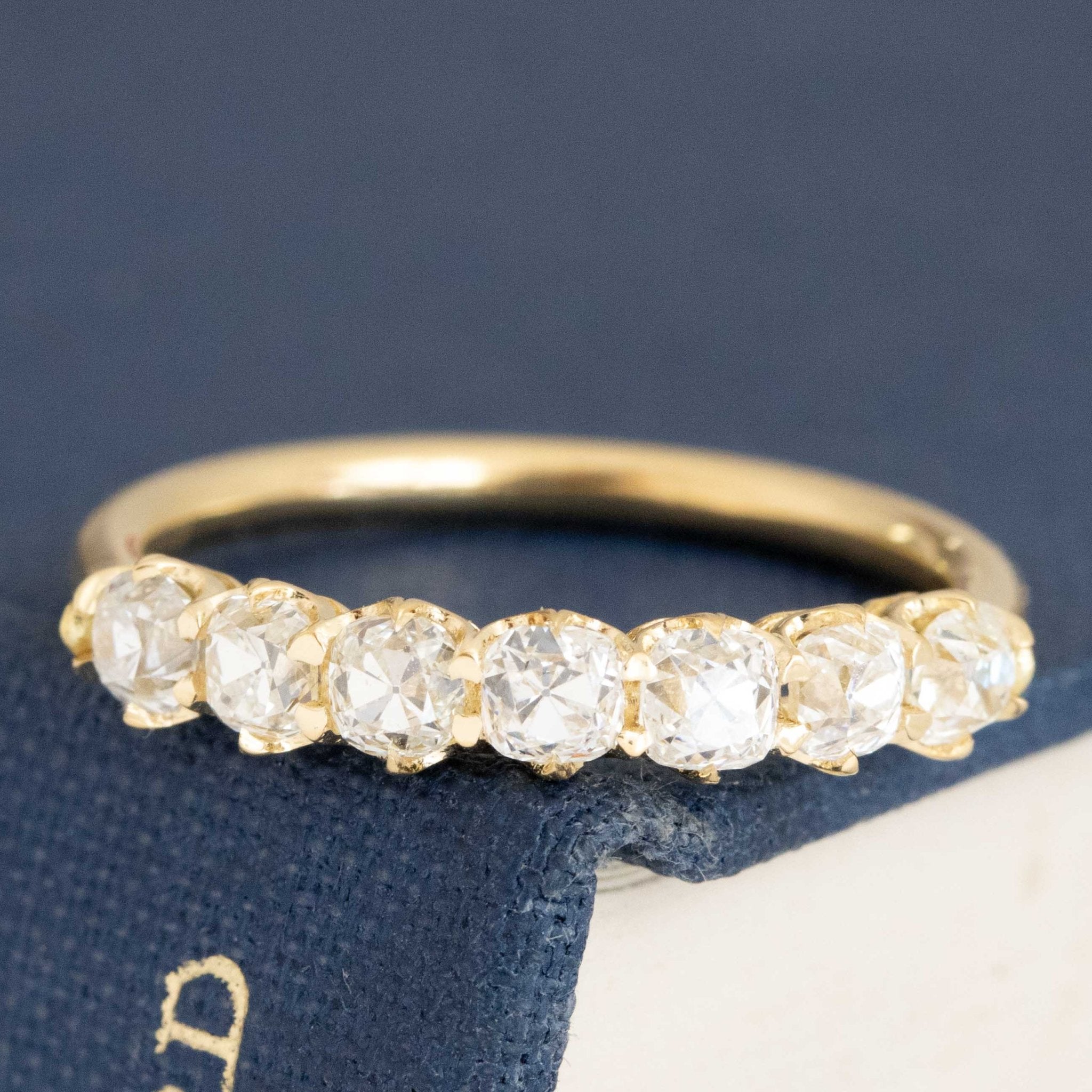 1.07ctw Old Mine Cut Diamond Half-Hoop Band with Old Mine Cut Diamonds in yellow gold, antique-inspired one-of-a-kind wedding band