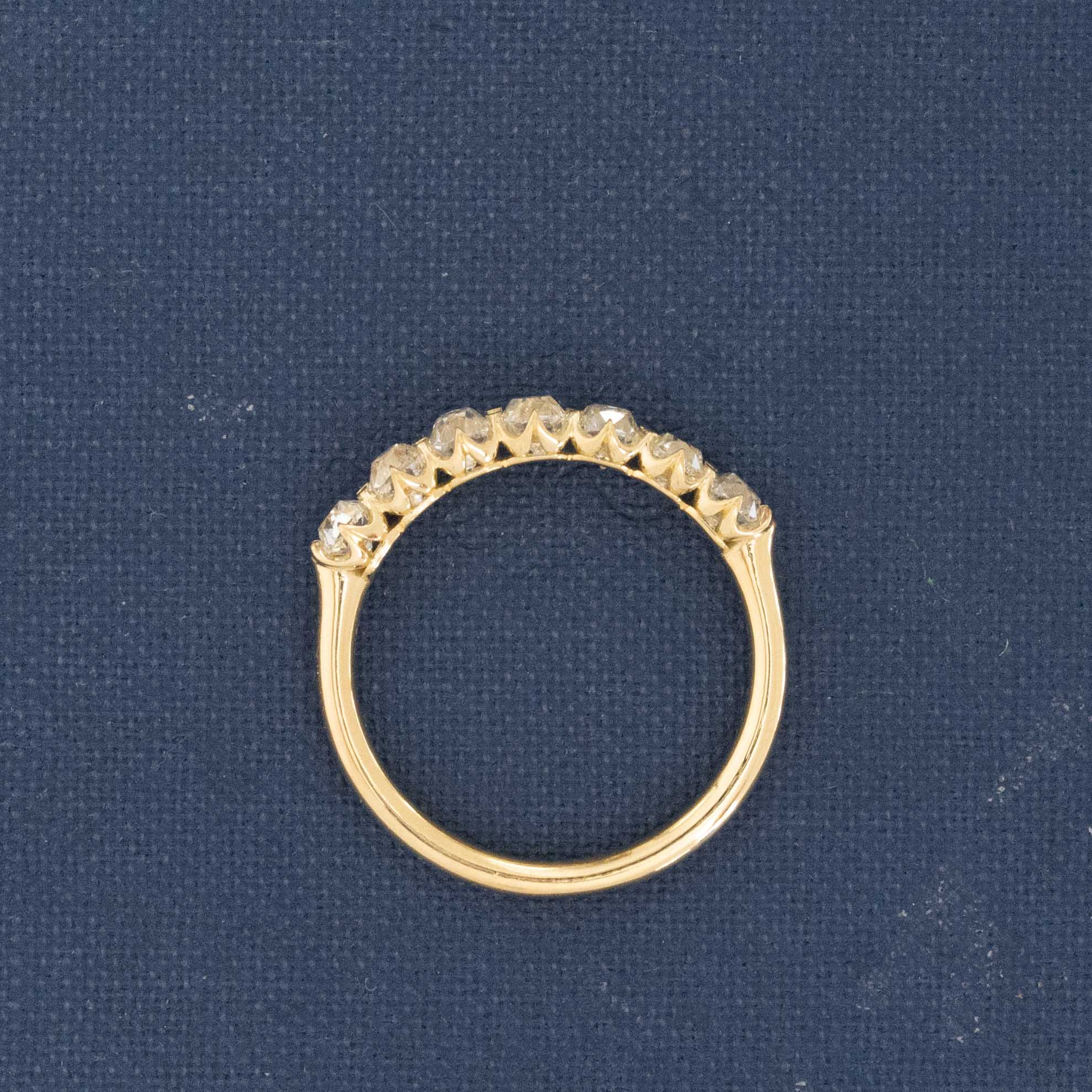 Side view of 1.07ctw Old Mine Cut Diamond Half-Hoop Band, natural Earth-mined Old Mine Cut Diamonds in yellow gold