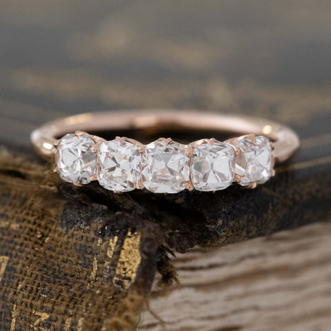 1.08ctw Old Mine Cut Diamond 5-Stone Band with Old Mine Cut Diamonds in rose gold, antique-inspired one-of-a-kind wedding band