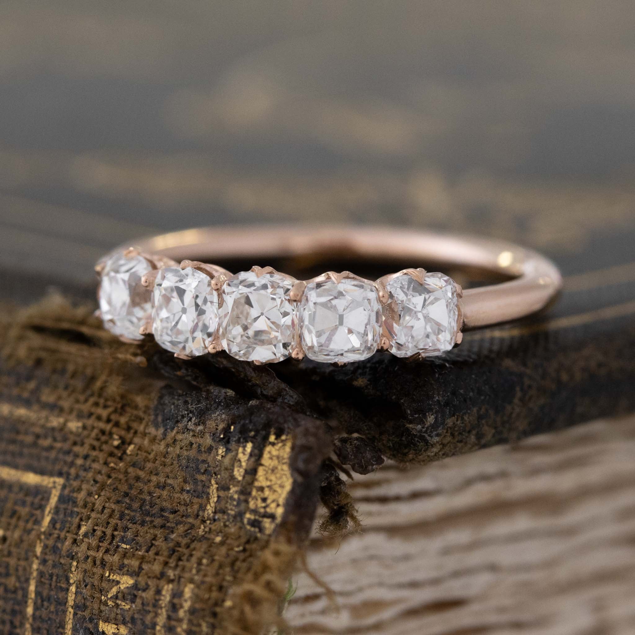 Antique lovers’ 1.08ctw Old Mine Cut Diamond 5-Stone Band in rose gold, featuring rare Earth-mined Old Mine Cut Diamonds