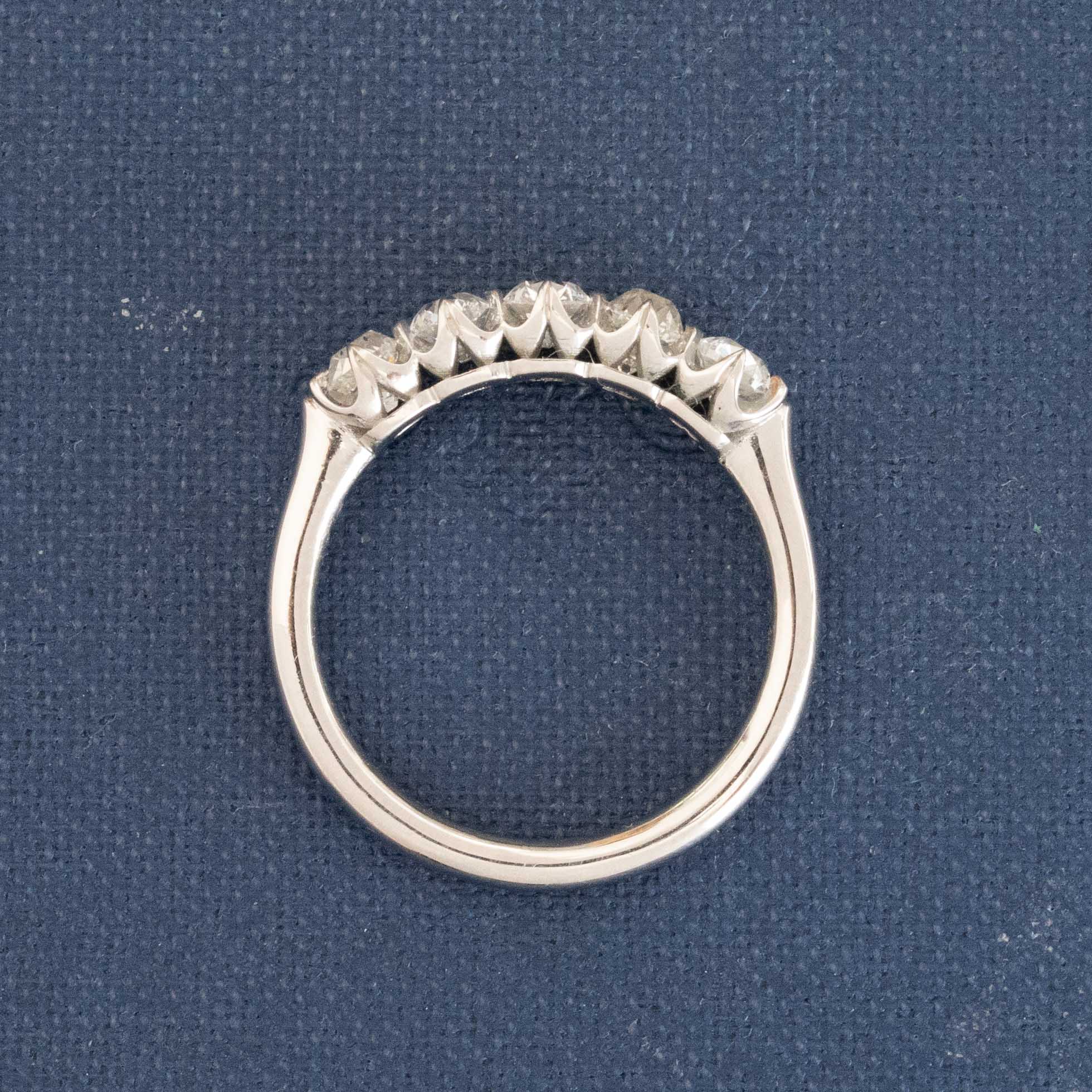 Side view of 1.08ctw Old Mine Cut Diamond 5-StoneHalf-Hoop Band, vintage-inspired band with Old Mine Cut Diamonds, crafted in platinum