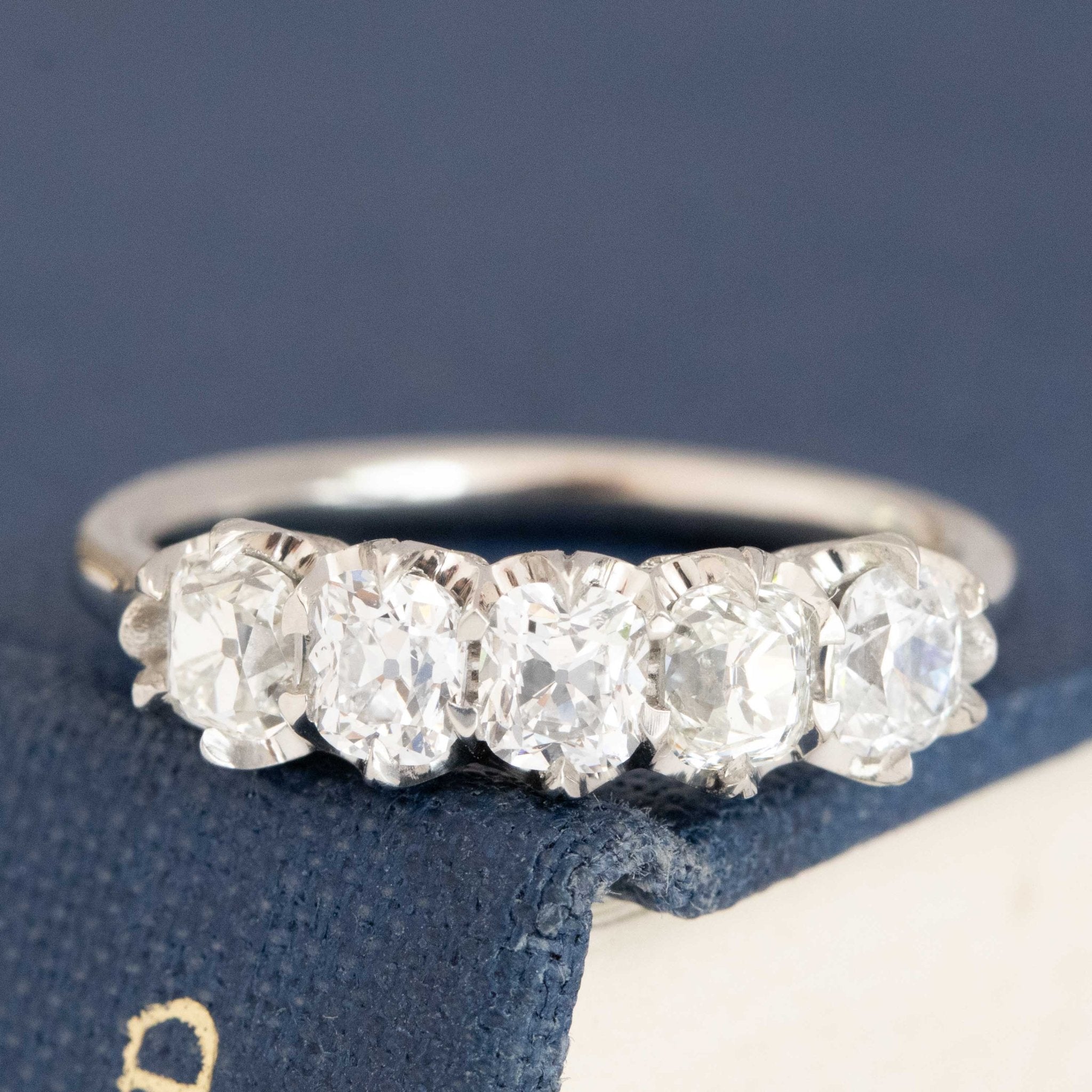 1.08ctw Old Mine Cut Diamond 5-StoneHalf-Hoop Band with Old Mine Cut Diamonds in platinum, antique-inspired one-of-a-kind wedding band