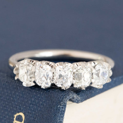 1.08ctw Old Mine Cut Diamond 5-StoneHalf-Hoop Band with Old Mine Cut Diamonds in platinum, antique-inspired one-of-a-kind wedding band