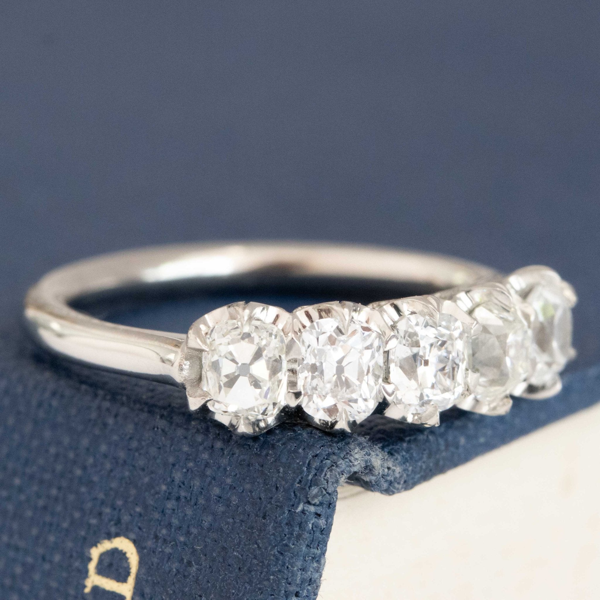 Antique lovers’ 1.08ctw Old Mine Cut Diamond 5-StoneHalf-Hoop Band in platinum, featuring rare Earth-mined Old Mine Cut Diamonds