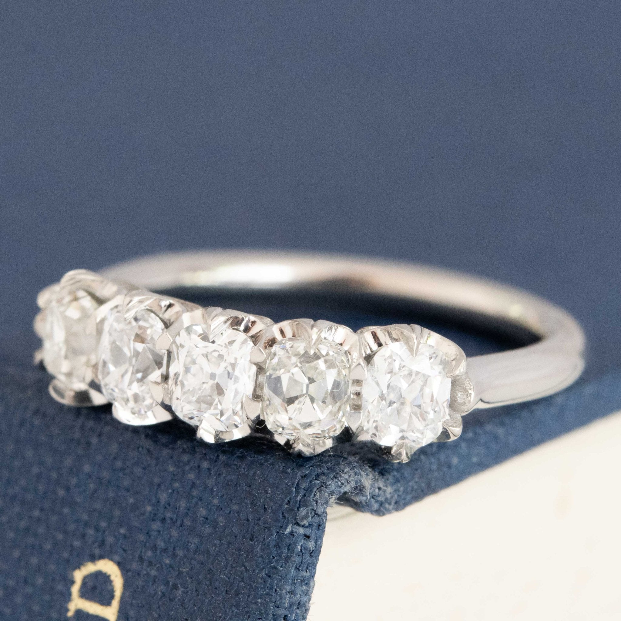 Historic style 1.08ctw Old Mine Cut Diamond 5-StoneHalf-Hoop Band wedding band with Old Mine Cut Diamonds, unique heirloom in platinum