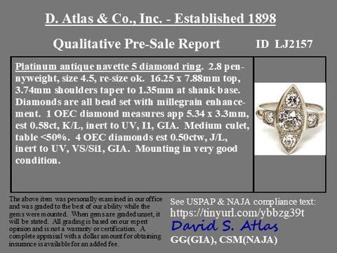 1.08ctw vintage old European cut diamond petite navette dinner ring in platinum – alternate view 4