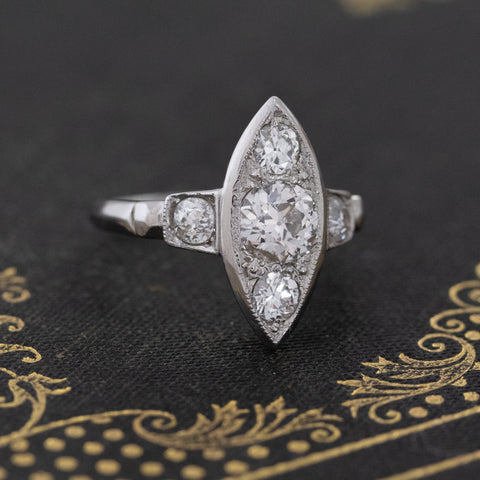 1.08ctw vintage old European cut diamond petite navette dinner ring in platinum – alternate view 3