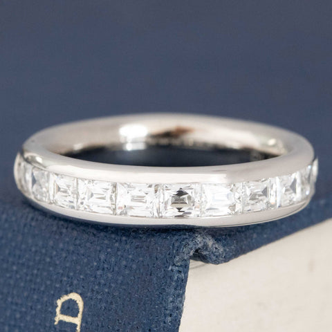 1.10ctw French Baguette Cut Diamond Half Eternity Band with Baguette Cut Diamonds in platinum, antique-inspired one-of-a-kind wedding band