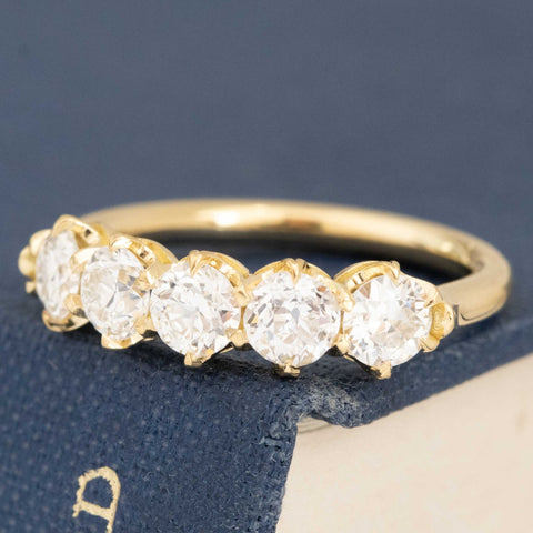 Antique lovers’ 1.10ctw Old European Cut Diamond 5-Stone Band in yellow gold, featuring rare Earth-mined Old European Cut Diamonds