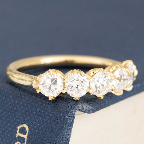 Historic style 1.10ctw Old European Cut Diamond 5-Stone Band wedding band with Old European Cut Diamonds, unique heirloom in yellow gold