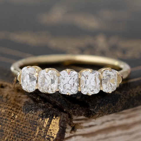 1.10ctw Old Mine Cut Diamond 5-Stone Band with Old Mine Cut Diamonds in yellow gold, antique-inspired one-of-a-kind wedding band
