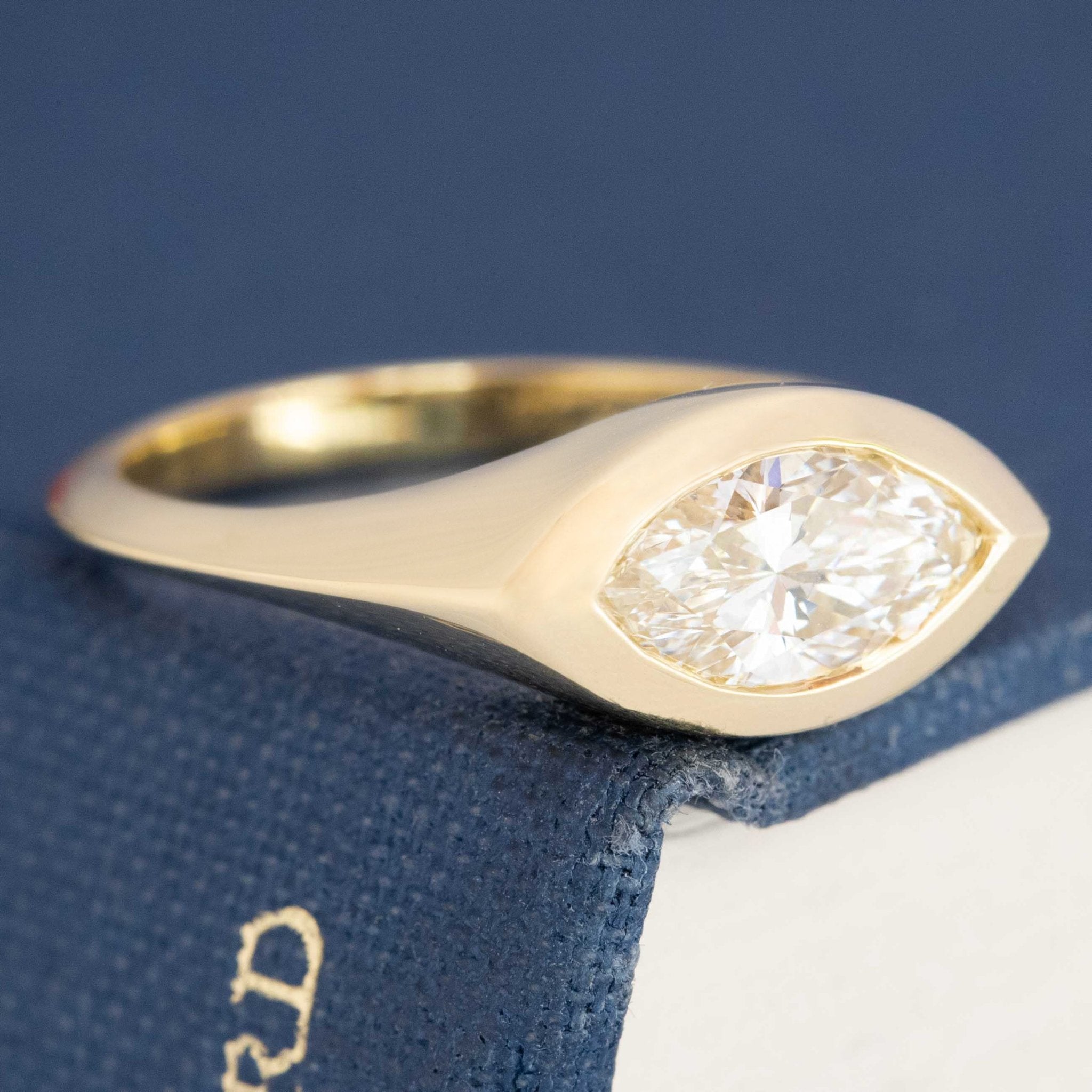 Side profile of East-West bezel solitaire ring, showing tapered shank and bezel