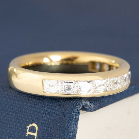 Historic style 1.11ctw French Baguette Cut Diamond Half Eternity Band wedding band with Baguette Cut Diamonds, unique heirloom in yellow gold