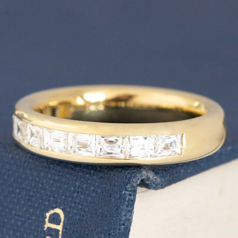 Antique lovers’ 1.11ctw French Baguette Cut Diamond Half Eternity Band in yellow gold, featuring rare Earth-mined Baguette Cut Diamonds