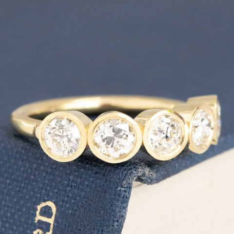 Historic style 1.11ctw Old European Cut Diamond 5-Stone Bezel Band wedding band with Old European Cut Diamonds, unique heirloom in yellow gold