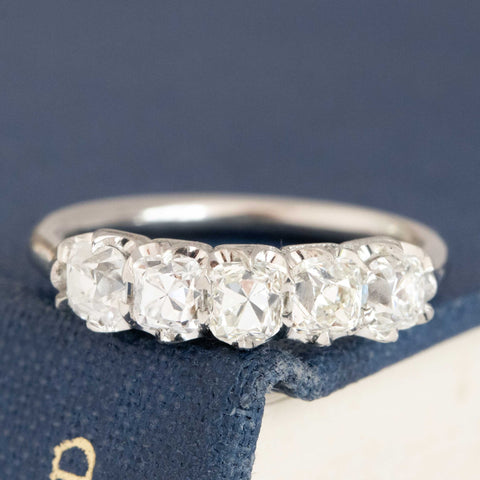 1.11ctw Old Mine Cut Diamond 5-Stone Half-Hoop Band with Old Mine Cut Diamonds in platinum, antique-inspired one-of-a-kind wedding band