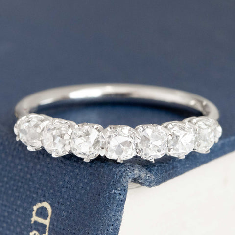 1.11ctw Old Mine Cut Diamond 7-Stone Band with Old Mine Cut Diamonds in platinum, antique-inspired one-of-a-kind wedding band