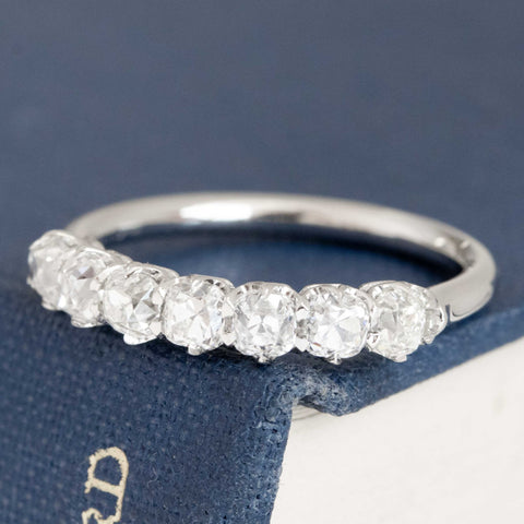 Antique lovers’ 1.11ctw Old Mine Cut Diamond 7-Stone Band in platinum, featuring rare Earth-mined Old Mine Cut Diamonds