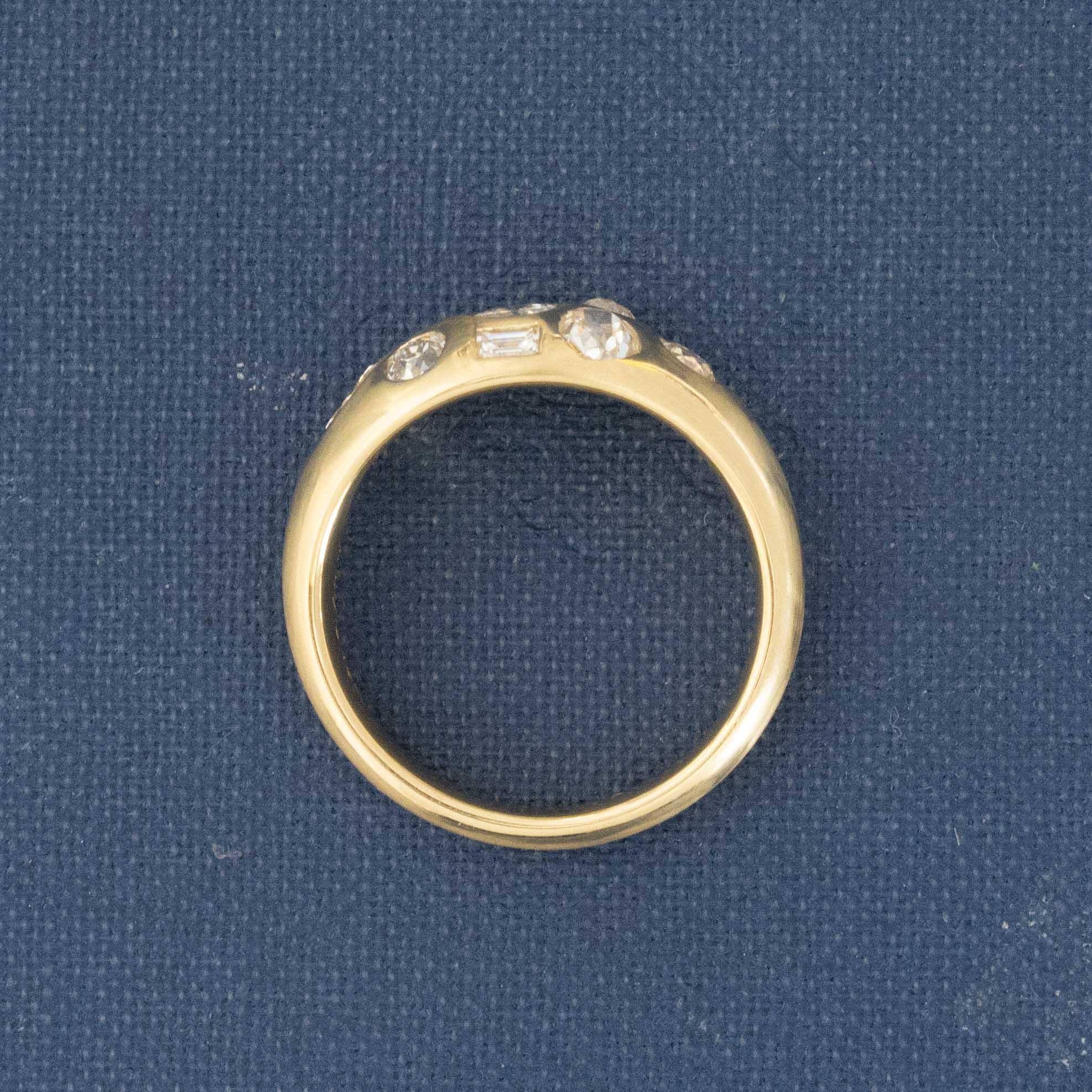 Side view of 1.12ctw Mixed Cut Diamond Bombe Ring, natural Earth-mined Antique Diamonds in yellow gold
