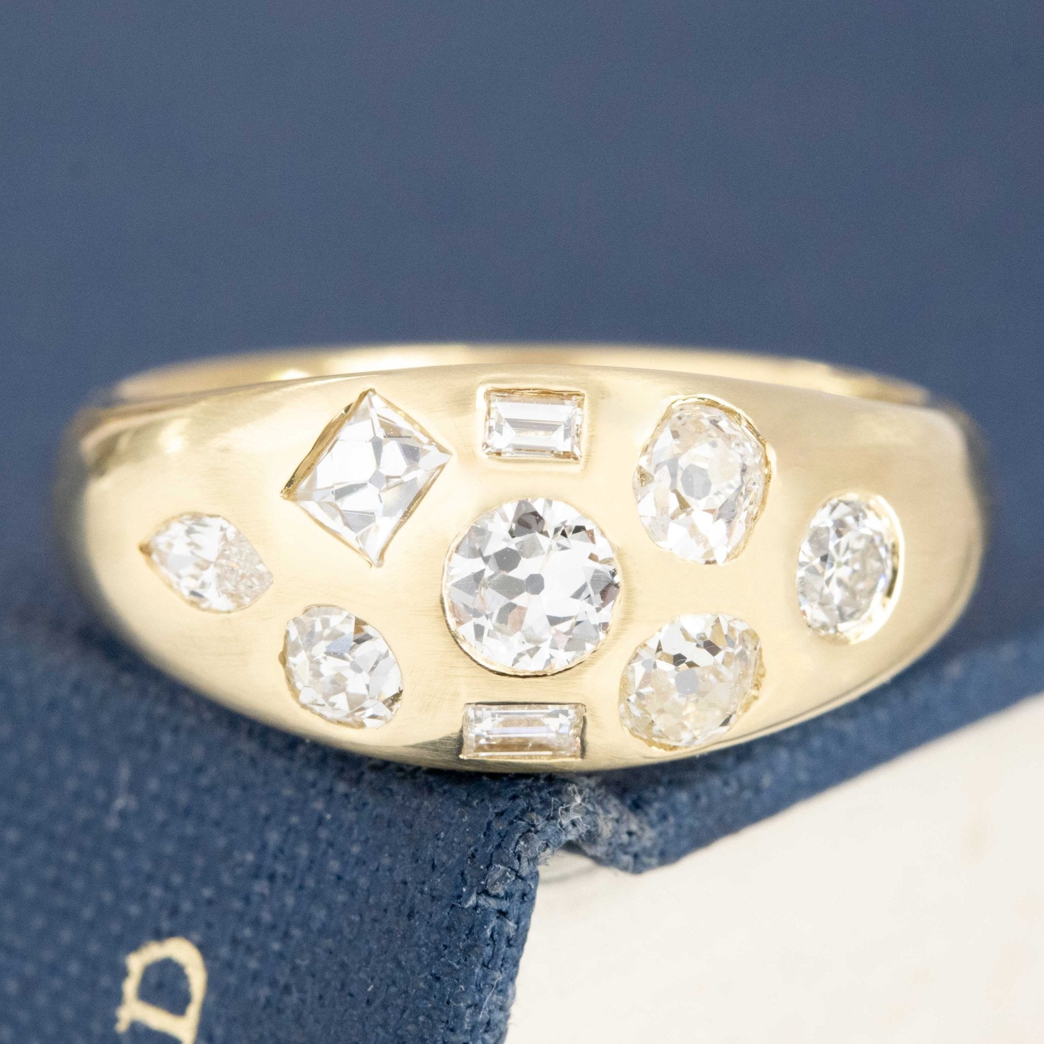 1.12ctw Mixed Cut Diamond Bombe Ring with Antique Diamonds in yellow gold, antique-inspired one-of-a-kind wedding band