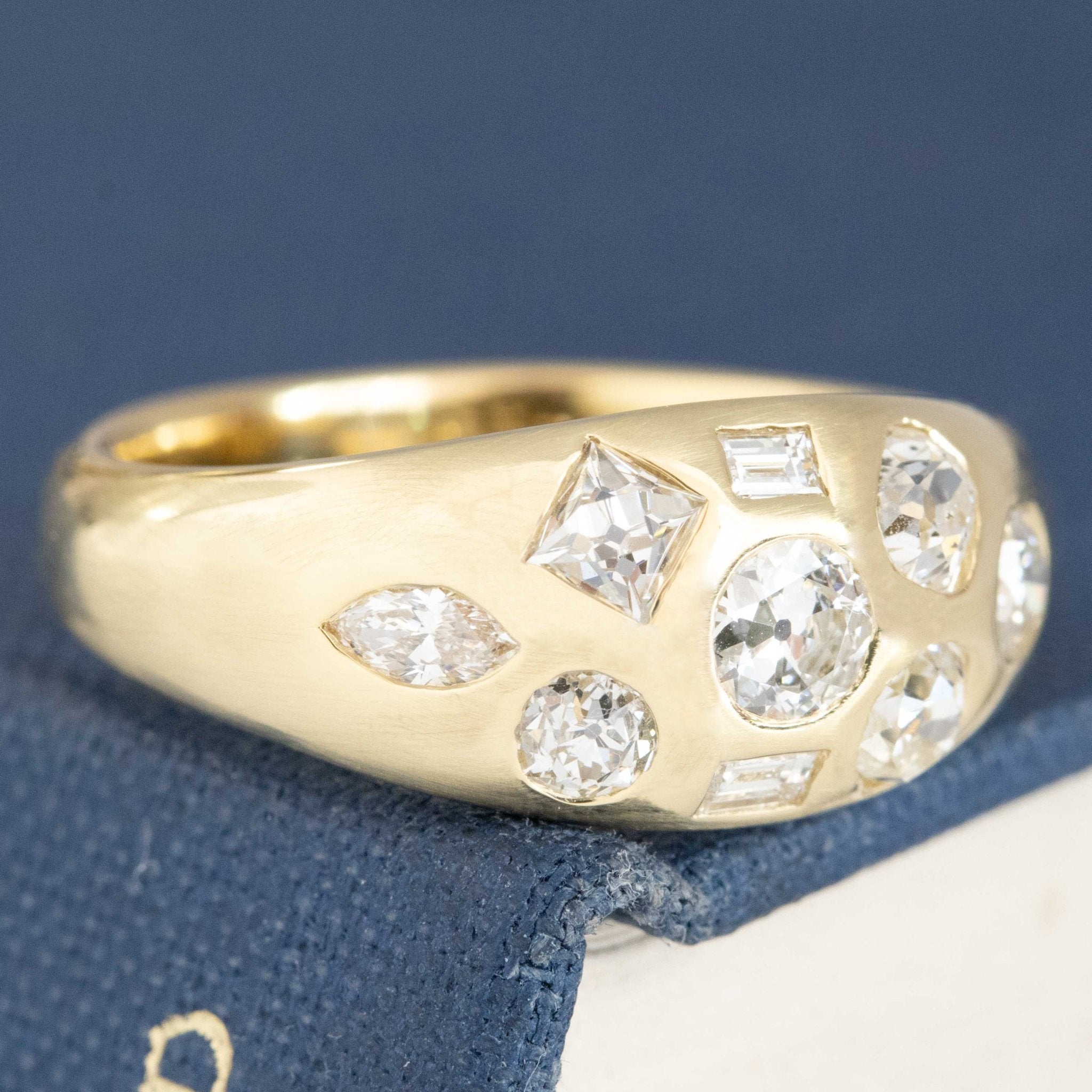 Historic style 1.12ctw Mixed Cut Diamond Bombe Ring wedding band with Antique Diamonds, unique heirloom in yellow gold