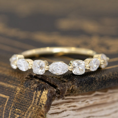 1.14ctw Mixed Marquise & Old Mine Cut Diamond Band with Old Mine Cut Diamonds in yellow gold, antique-inspired one-of-a-kind wedding band