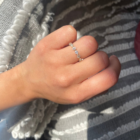 Elegant 1.14ctw Mixed Marquise & Old Mine Cut Diamond Band, romantic design with Old Mine Cut Diamonds, Earth-mined diamonds in yellow gold shown on ring finger