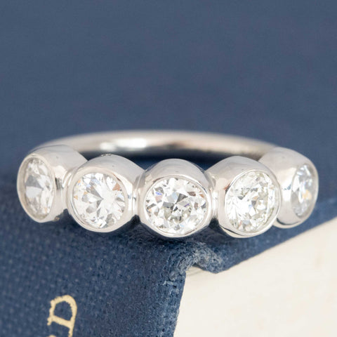 1.14ctw Old European Cut Diamond 5-Stone Bezel Band with Old European Cut Diamonds in platinum, antique-inspired one-of-a-kind wedding band