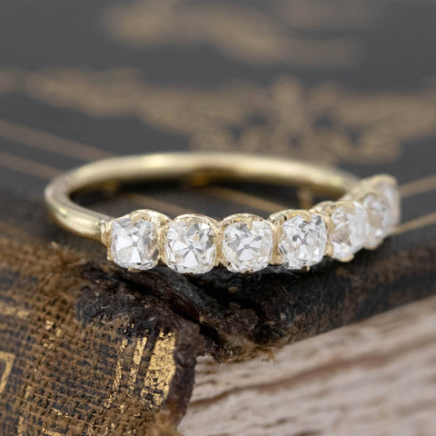 Historic style 1.14ctw Old Mine Cut Diamond 7-Stone Band wedding band with Old Mine Cut Diamonds, unique heirloom in yellow gold