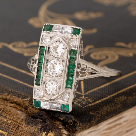 1.15ctw Art Deco old European cut diamond and emerald dinner ring in 18kt white gold – alternate view 5