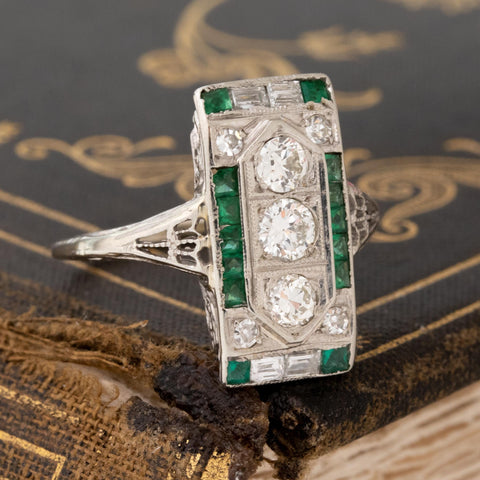 1.15ctw Art Deco old European cut diamond and emerald dinner ring in 18kt white gold – alternate view 3
