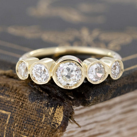 1.16ctw Old European Cut Diamond Graduated 5-Stone Band with Old European Cut Diamonds in yellow gold, antique-inspired one-of-a-kind wedding band