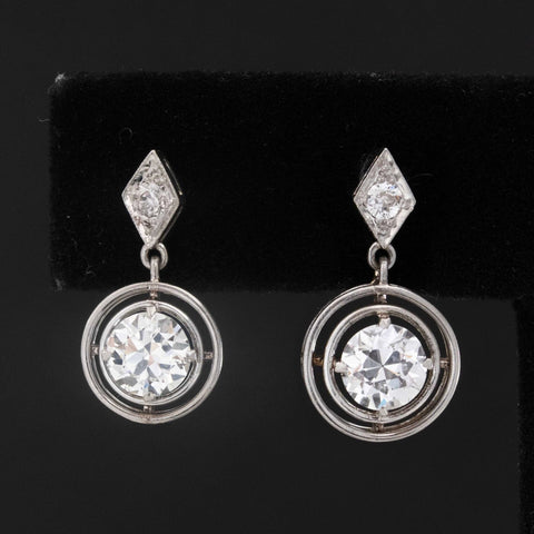 1.17ctw antique old European cut diamond double wire bezel drop earrings in platinum