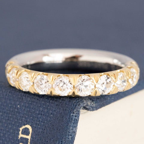 1.17ctw Old European Cut Diamond Half-Eternity Yin-Yang Band with Old European Cut Diamonds in platinum and 18kt yellow gold, antique-inspired one-of-a-kind wedding band