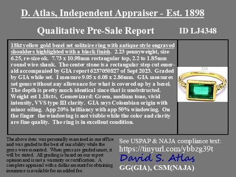 1.18ct Colombian emerald set east-west in a chunky bezel ring with darkened engraved shoulders, 18K yellow gold – alternate view 4