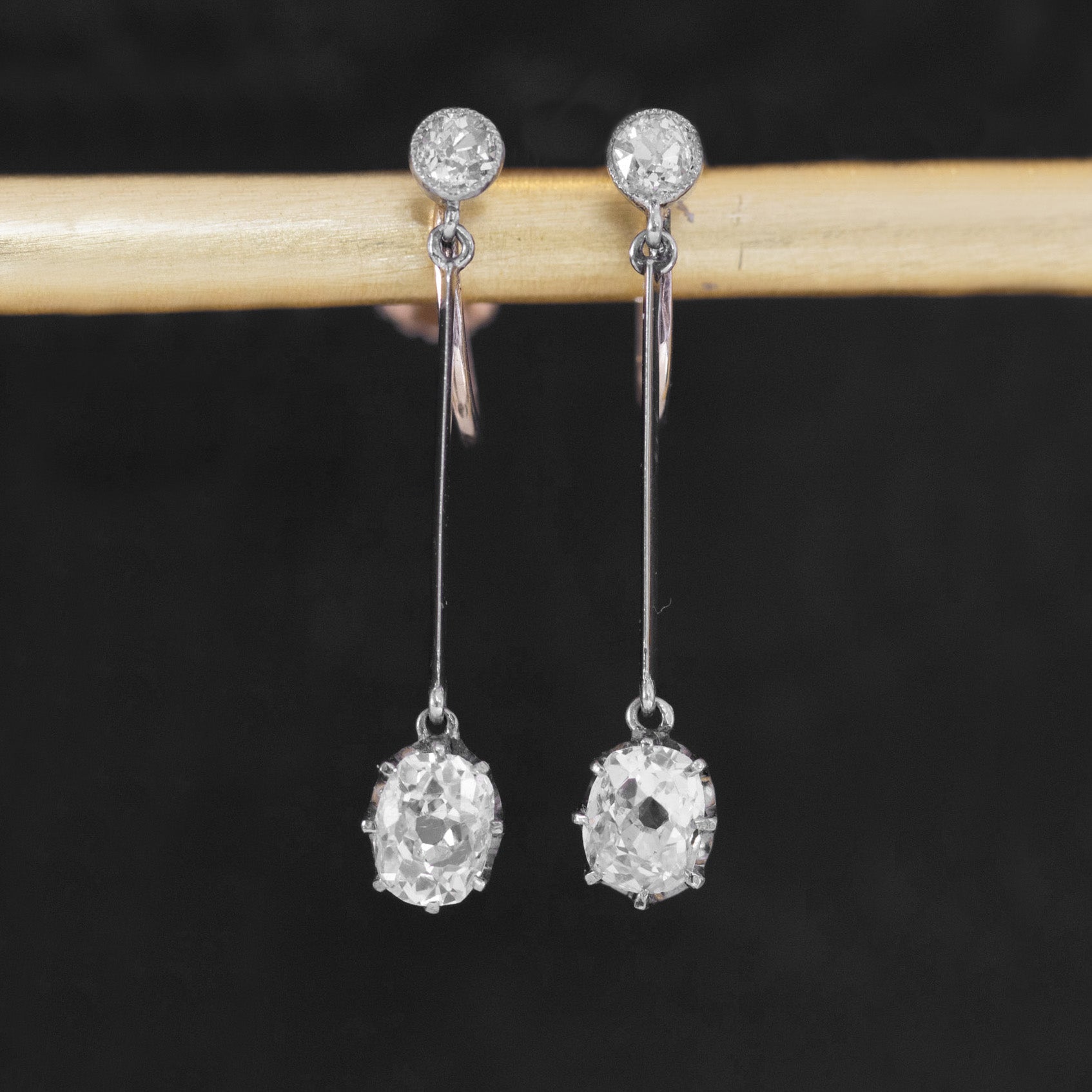 Antique Oval Cushion Cut Diamond Long Drop Earrings