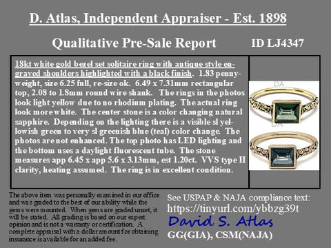 1.20ct color changing sapphire set east-west in a chunky bezel ring with darkened engraved shoulders – alternate view 3