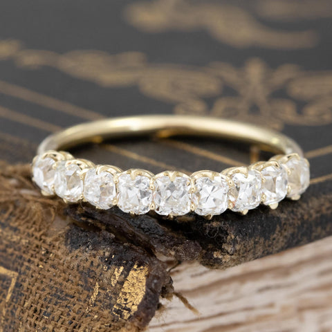 1.23ctw Old Mine Cut Diamond Half-Hoop Band with Old Mine Cut Diamonds in yellow gold, antique-inspired one-of-a-kind wedding band