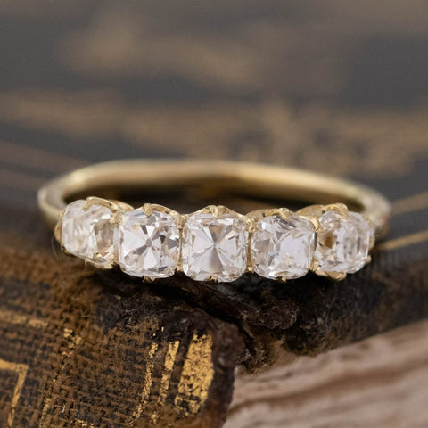 1.24ctw Old Mine Cut Diamond 5-Stone Band with Old Mine Cut Diamonds in yellow gold, antique-inspired one-of-a-kind wedding band